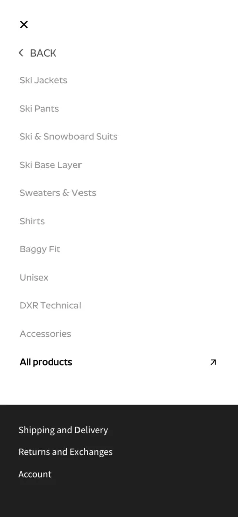 Rehall mobile menu listing men's categories