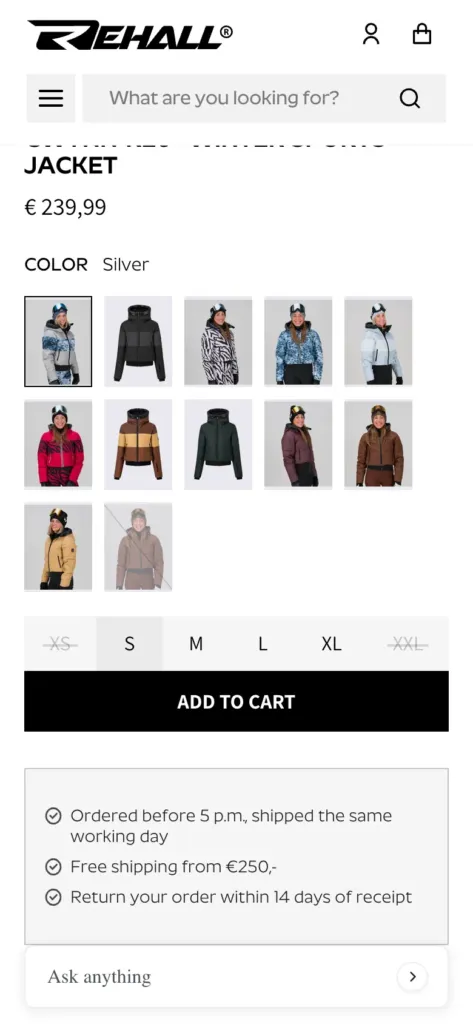 Rehall product page on a phone with colourways, sizes and Add to cart