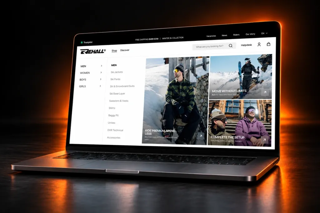 Rehall mega menu for the men's range on a laptop