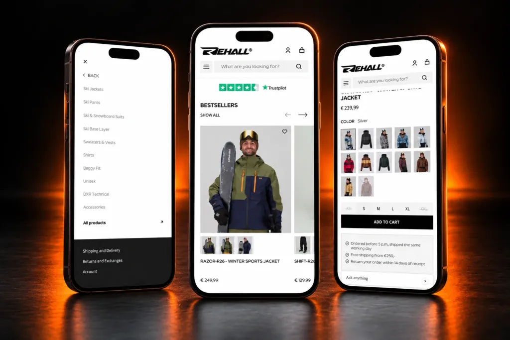 Rehall mobile menu, bestsellers and a product page on three phones