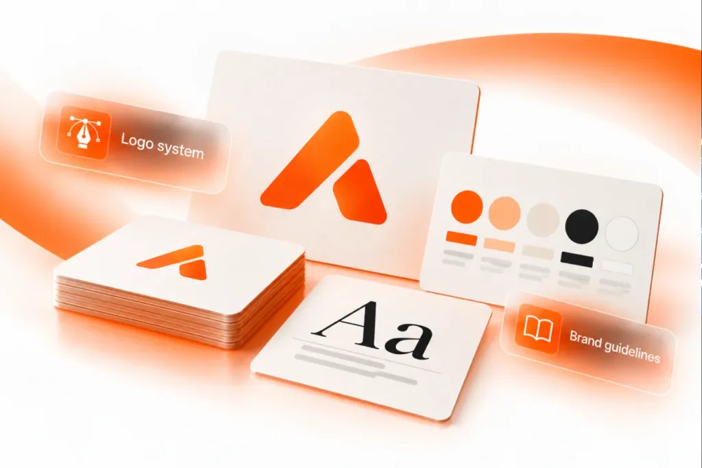 Brand identity board with logo mark, colour palette and typography cards