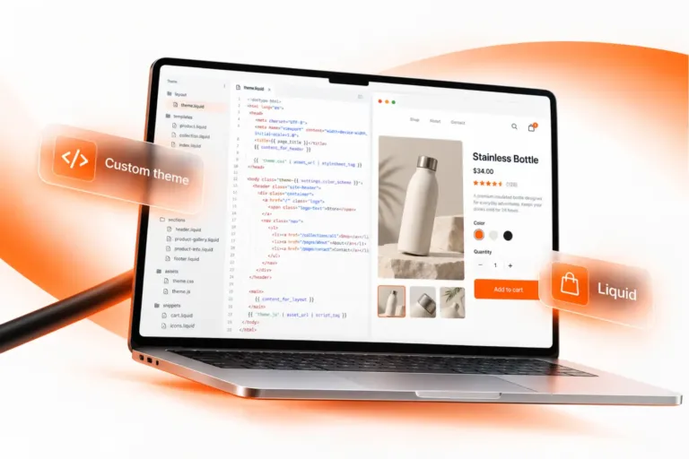 Laptop showing custom Shopify theme code beside a live product page