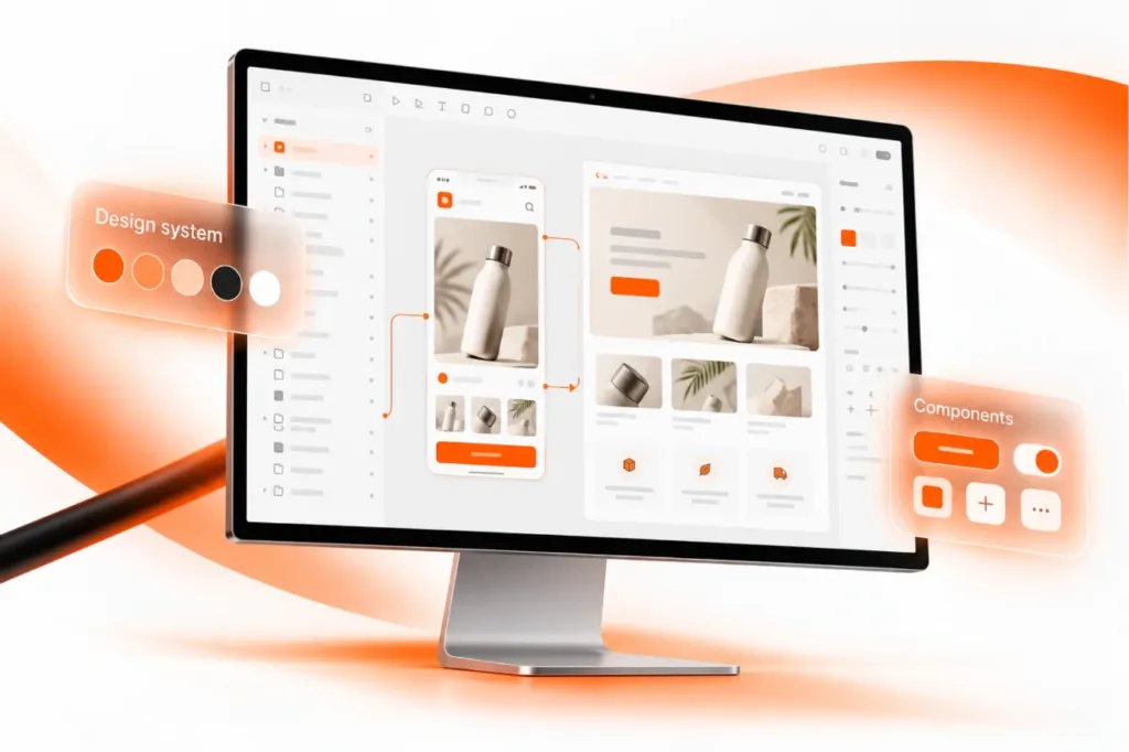 Monitor showing a UI design workspace with app and website screens