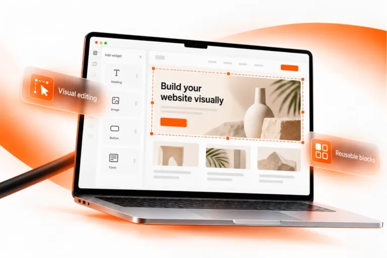 Laptop showing a visual drag-and-drop page builder