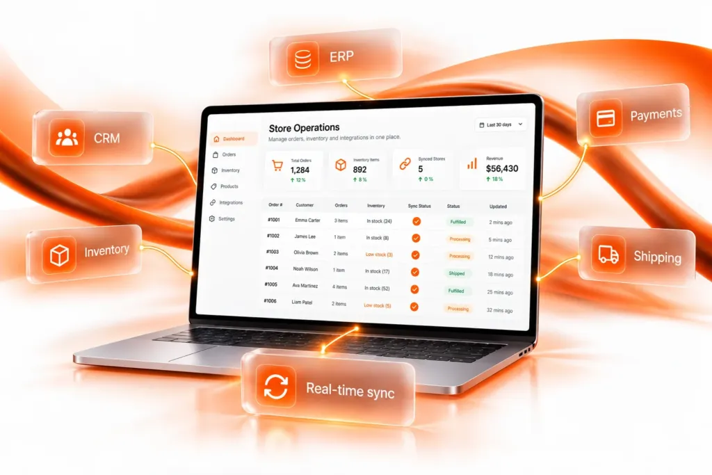 Store operations dashboard connected to ERP, CRM, inventory, payments and shipping