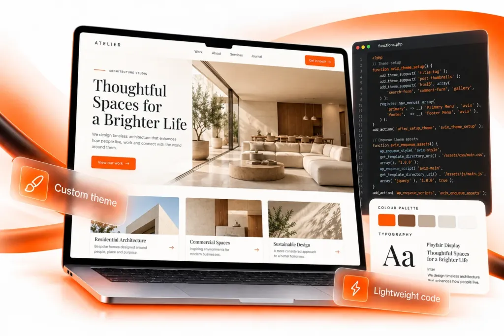 Custom premium WordPress theme on a laptop with its theme code