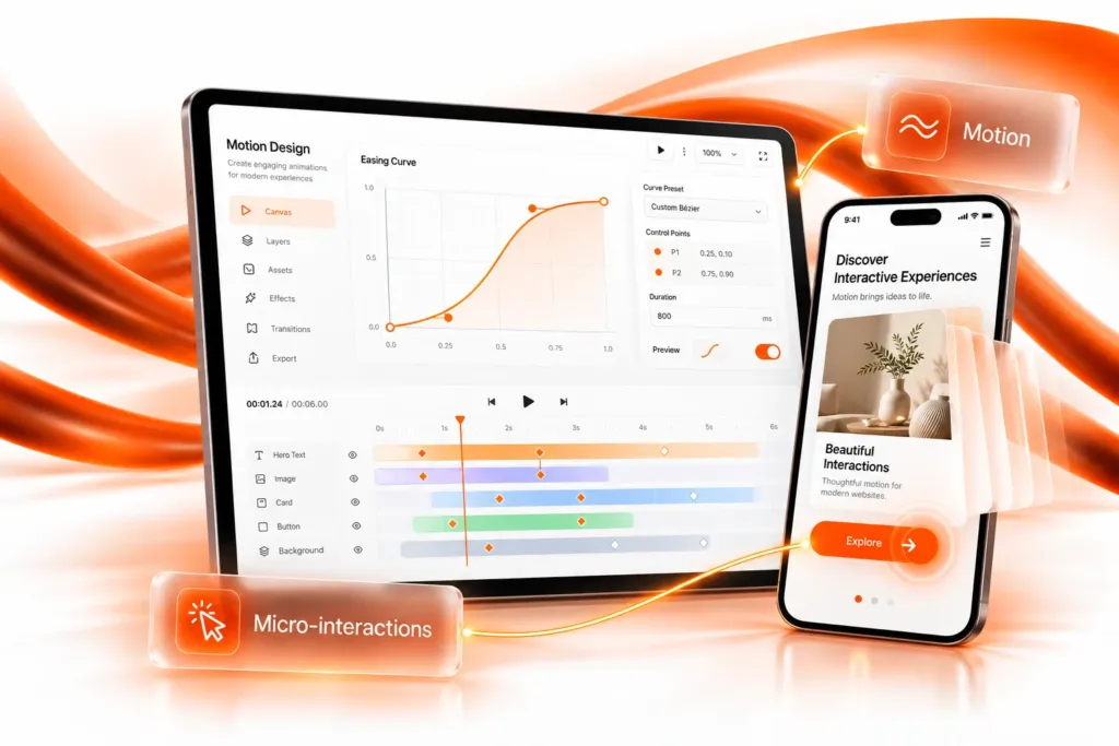 Motion design editor with easing curve and keyframes beside an animated app screen