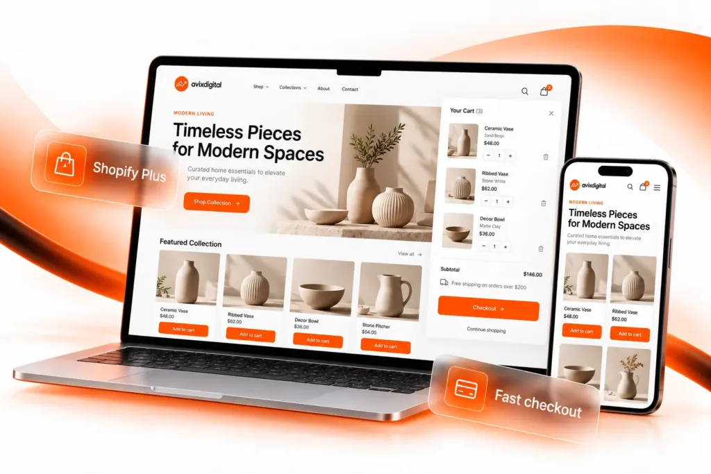 Shopify Plus storefront with cart and checkout on a laptop and a phone