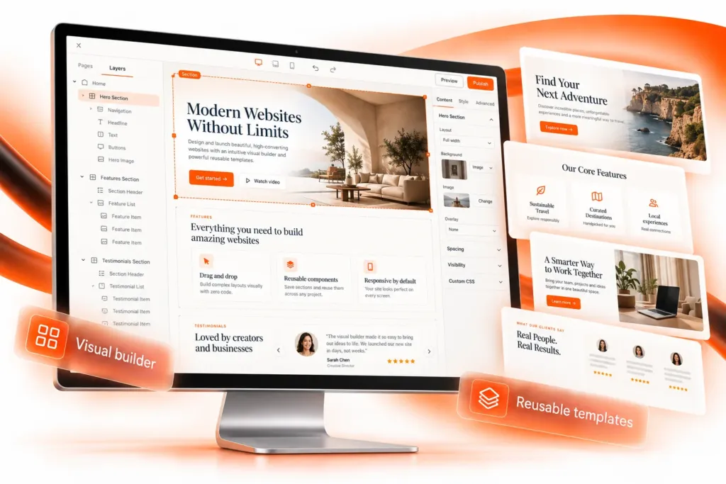 Visual site builder with structure panel and reusable templates