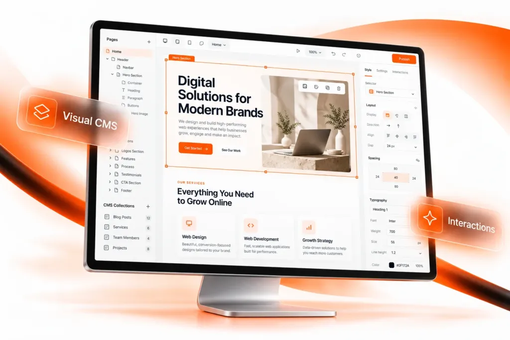 Visual website builder with CMS collections on a desktop monitor