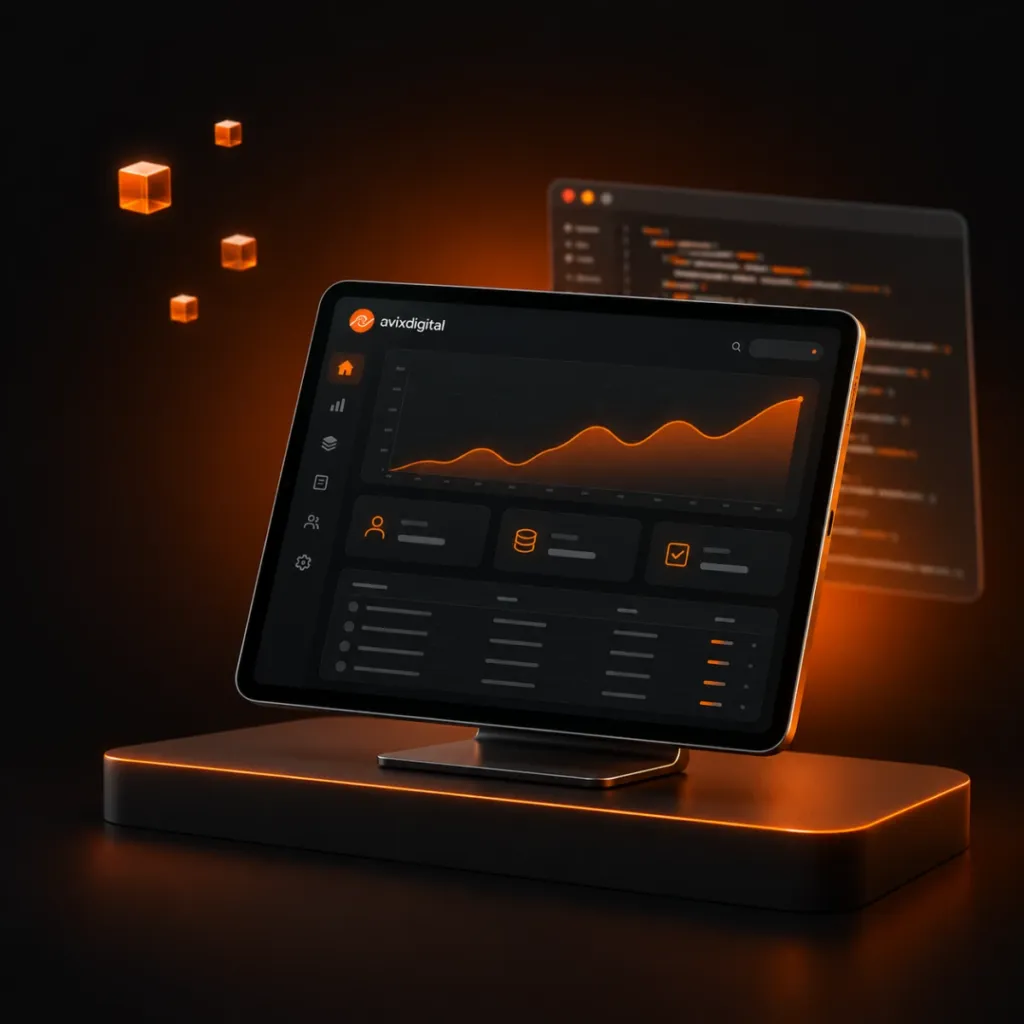 Custom web application dashboard designed and built by AvixDigital, shown on a tablet