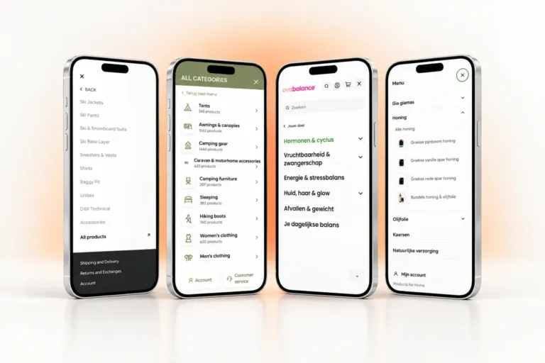 Mobile menus of four stores built by AvixDigital on four silver phones: Rehall, Kampeerwinkel Roermond, Ovabalance and Products for Home