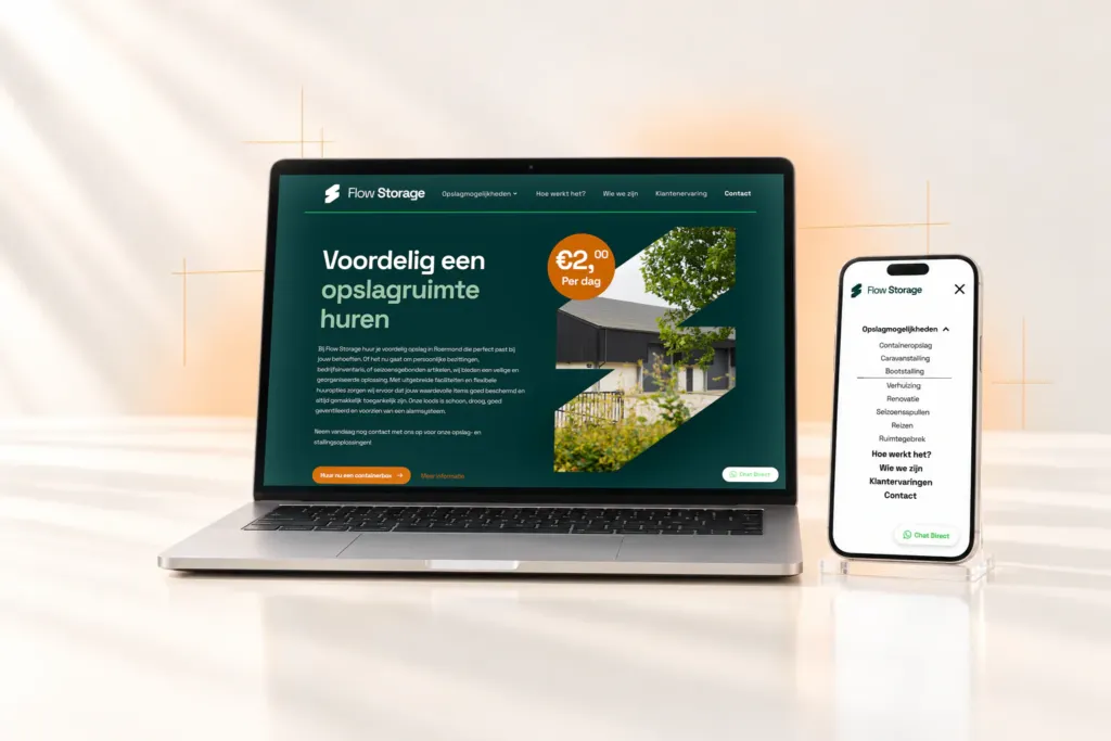 Flow Storage’s Webflow homepage on a silver laptop and its mobile menu on a phone, with fine orange design guide lines on a warm white backdrop
