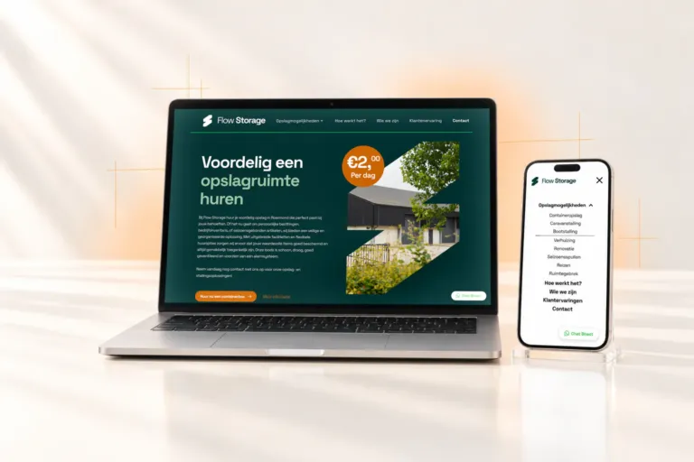 Flow Storage’s Webflow homepage on a silver laptop and its mobile menu on a phone, with fine orange design guide lines on a warm white backdrop