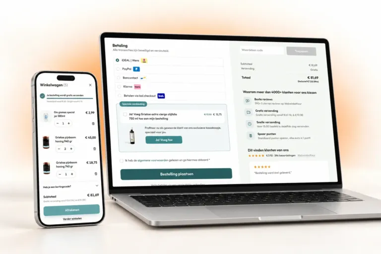 Laptop showing the Products for Home WooCommerce checkout with an olive-oil order bump, beside a phone showing the side cart and its free-delivery bar