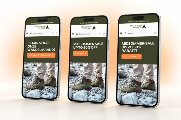 Three phones showing Kampeerwinkel Roermond's Shopify homepage in Dutch, English and German