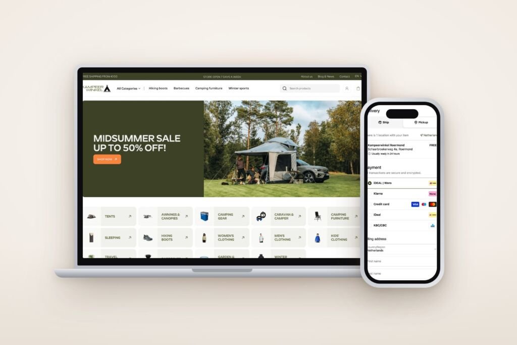 Kampeerwinkel Roermond Shopify store on a laptop and its checkout with iDEAL, Klarna and store pickup on a phone