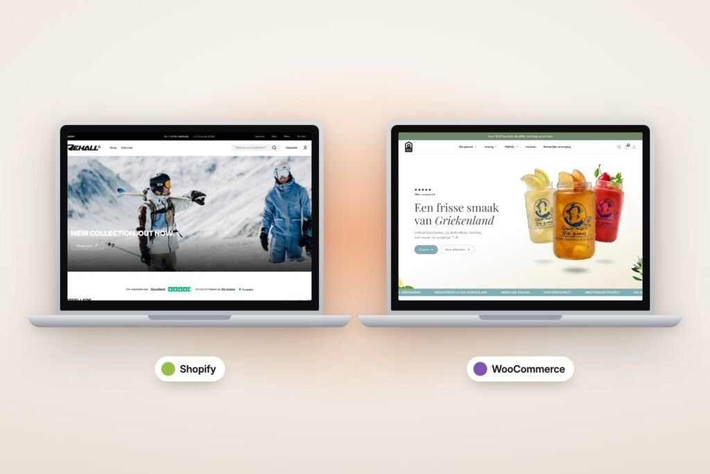 Rehall Shopify store and Products for Home WooCommerce store side by side on two laptops