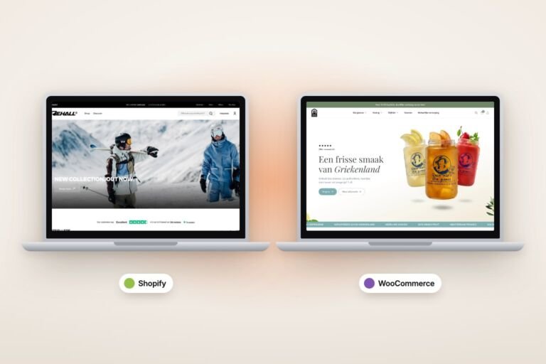 Rehall Shopify store and Products for Home WooCommerce store side by side on two laptops