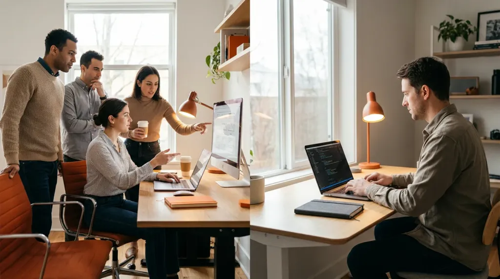 Agency team discussing a design at a shared desk, beside a freelancer coding alone at a laptop